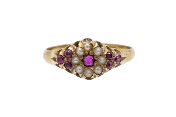 Bague 54 Bague ancienne en or jaune ornée de rubis et de perles 58 Facettes 11162