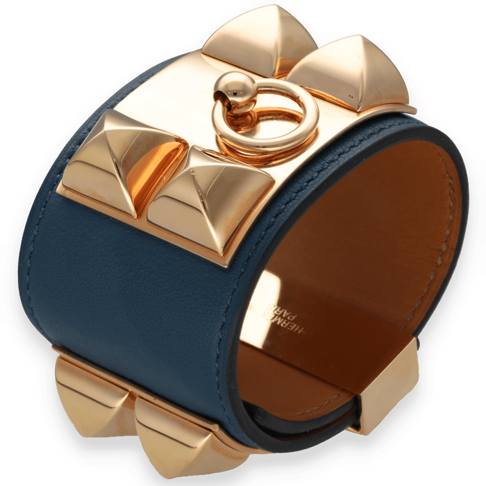 HEMES - Dog Collar Bracelet in rose gold-plated metal and blue leather