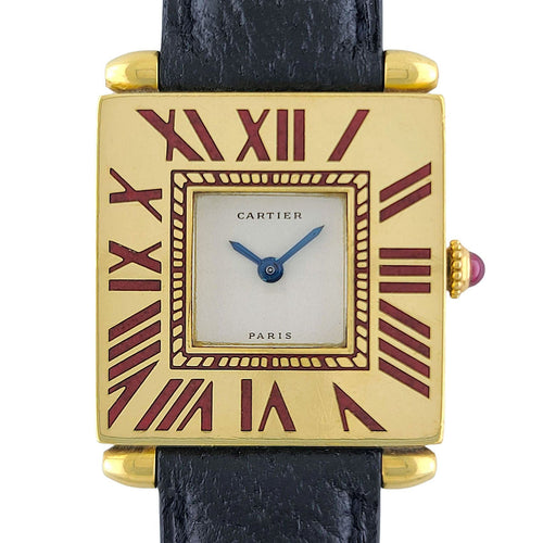 Montre Rarity Cartier Quadrant Burgundy Enamel Full Set Large Model A102 Ruby Obus 1987 1984 58 Facettes