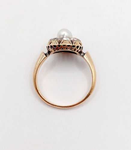 Bague 55 Bague marguerite antique en or rose 18k avec perle et diamants taille roses 58 Facettes A06463