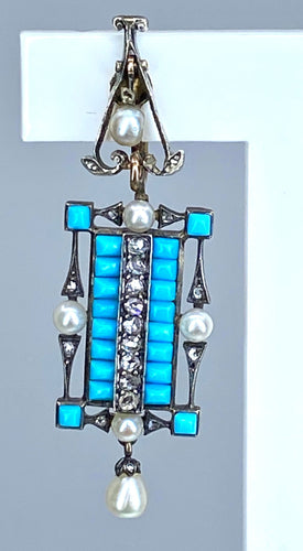 Boucles d'oreilles Boucles d’oreilles or jaune et argent, turquoises, diamants, perles fines, vers 1880 58 Facettes AB543