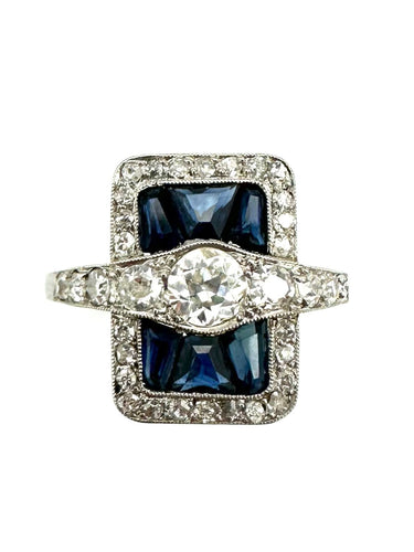 Art-Deko prsten u Platinum, kalibrisani safiri i dijamanti 