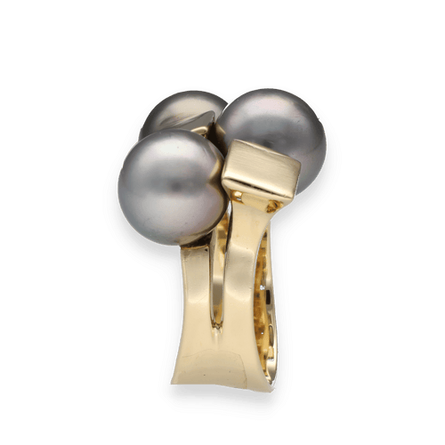 Bague 56 Bague Tank Moderne – Or Jaune 18k – 3 Perles Grises Mers du Sud 11.6 mm – Taille 56 58 Facettes FB10901