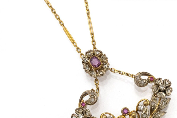 Collier Collier unique Art Nouveau en or jaune et argent, diamants et rubis 58 Facettes 10972