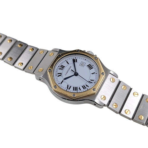 Montre Cartier Santos Round Octagon Date 2966 Large Octogonale Gold Stainless Steel 58 Facettes