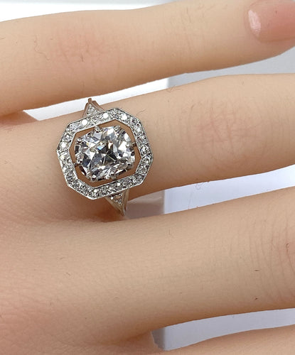 Bague 49 Bague platine Art Déco diamant coussin 1,51 carat 58 Facettes AB605