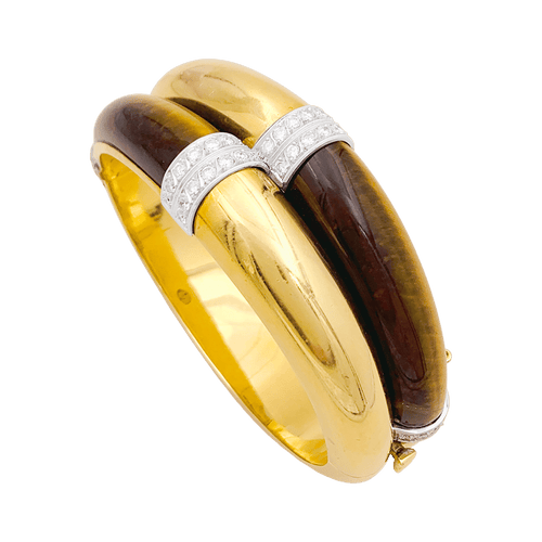 Bracelet Bracelet ouvrant, or jaune, oeil de tigre et diamants. 58 Facettes 34624
