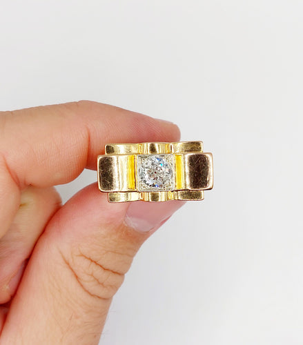 Bague 52 Bague tank XXL art deco or rose 18k diamant taille ancienne 1,25 carats (circa 1950) 58 Facettes A05970