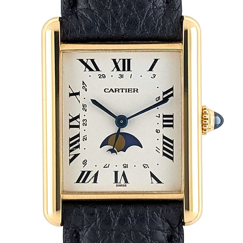 Montre Cartier Tank Louis Cartier Moonphase Calendar Date 819001 Large GM 18k Gold Folding Clasp Papers 58 Facettes