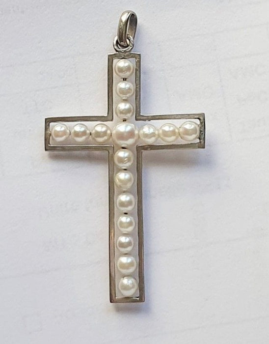 Pendentif Croix Art Déco or blanc et perles 58 Facettes C 373   MD22