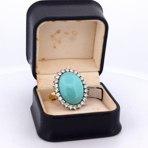 Vintage ring med cabochon turkis og diamanter i 18 kt hvidguld 