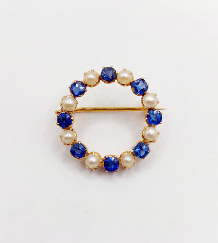 18k黄金古董胸针，镶有珍珠和蓝色宝石 
