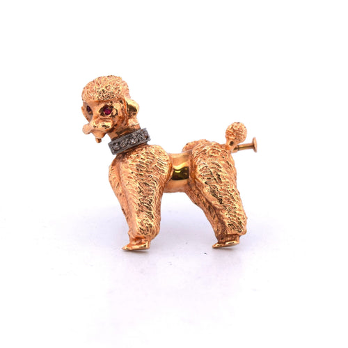 Broche Spilla vintage barboncino en or jaune 18 kt avec rubis et diamants 58 Facettes