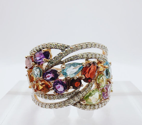 Anillo de Oro Rosa estilo Tutti Frutti, con variedad de Gemas 