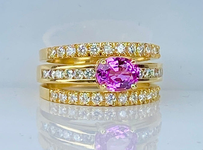 Bague 53 Bague jonc bandeau or jaune, saphir rose, diamants. 58 Facettes AB631