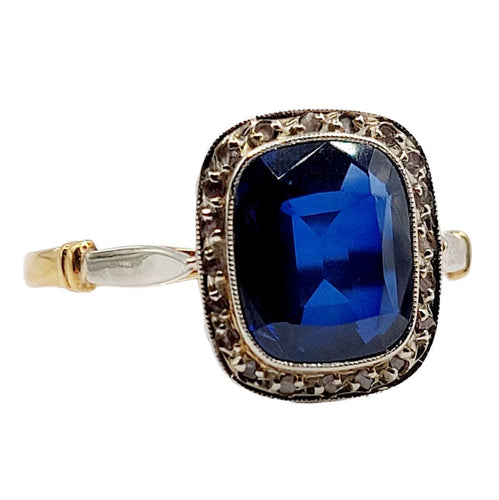 Inel Art Deco aur galben, safir sintetic și diamante