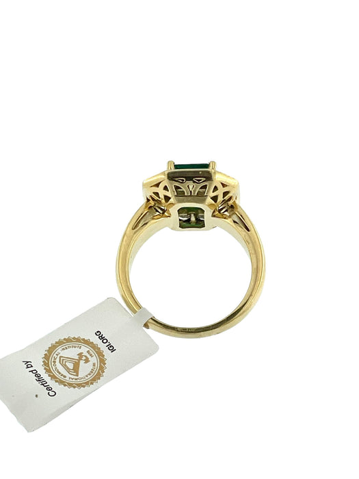 Retro French cocktail ring in yellow gold with diamonds and emerald
