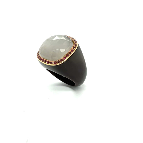 Bague 57.5 Bague Vintage or jaune, Quartz Gris, Rubis et Bakélite 58 Facettes 328182 /AX0T54Z