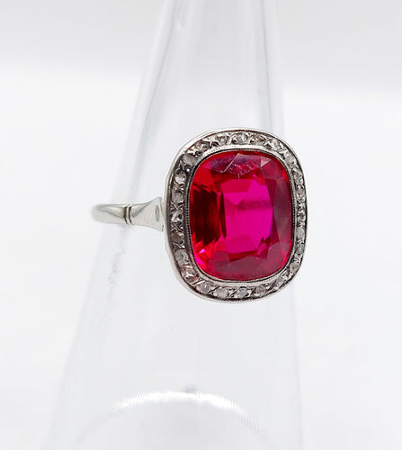 Ring Art Deco white gold, synthetic ruby and rose-cut diamonds (circa 1930) 