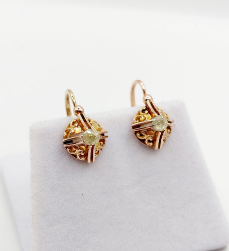 Boucles d'oreilles Dormeuses or rose, diamants jaunes taille ancienne (circa 1900) 58 Facettes A06239