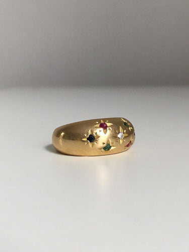 Bague 51 Bague boule en or jaune, diamant, rubis, saphirs, émeraudes 58 Facettes