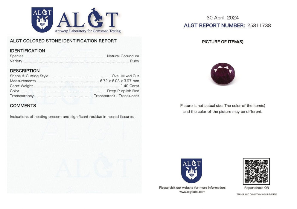 Gemstone Rubis 1.40cts certificat ALGT 58 Facettes