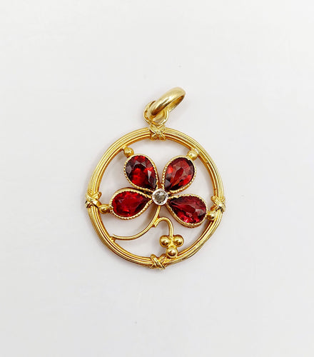 Ар нуво висулка с детелина от 18-каратово злато и розово шлифован диамант 