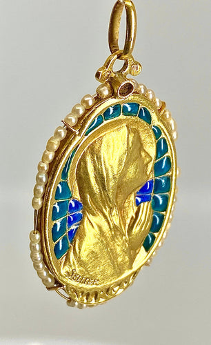 Pendentif Médaille vierge émail perles fines signée SELLIER 58 Facettes AB164