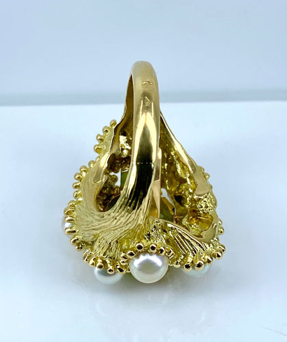 Bague 52 Bague coktail en or jaune 18 carats, péridot 3,98 ct et 9 perles 58 Facettes AB571