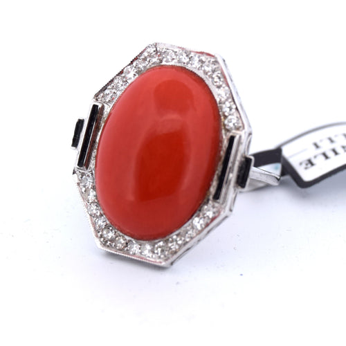 Bague BAGUE - OR BLANC 18KT - CORAIL CABOCHON 58 Facettes