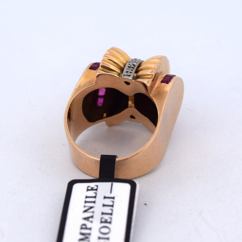 Bague 53 Bague vintage en or jaune 18 kt avec rubis carrés et diamants 58 Facettes