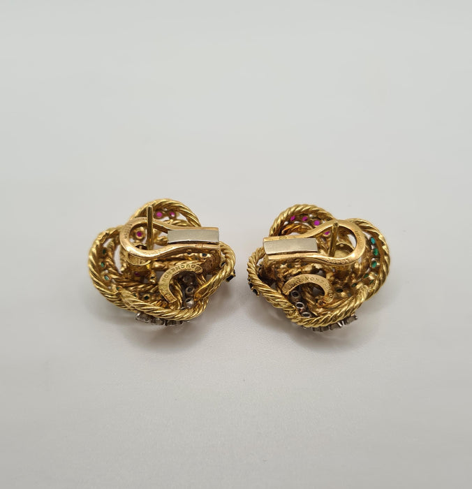 BOUCHERON - Yellow gold earrings set with diamonds, sapphires, emeralds and rubies