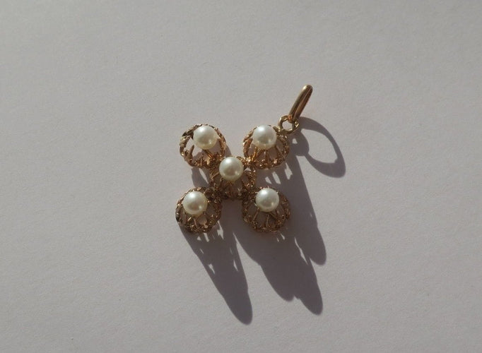 Collier Croix or rose perles XIXe 58 Facettes