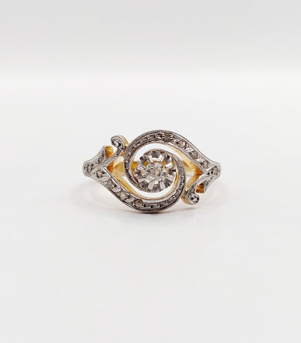 Bague 56 Bague tourbillon antique en or 18k et platine, diamant taille ancienne et diamants roses 58 Facettes A06434