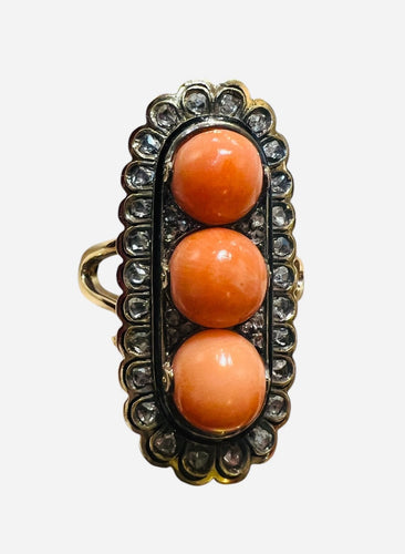 金戒指、珊瑚珍珠、老式切割钻石、黑色珐琅