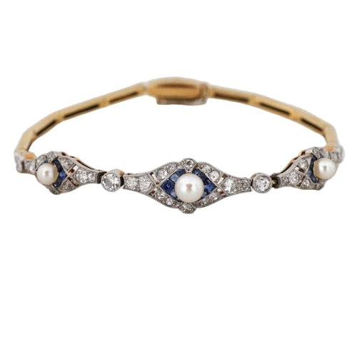 Bracelet Bracelet Art Déco avec diamants, perles et saphirs synthétiques en or jaune et platine 58 Facettes 9530