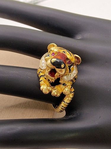 Bague 52.5 Bague Frascarolo à motif tigre, années 1960 - or jaune, diamants et émail 58 Facettes