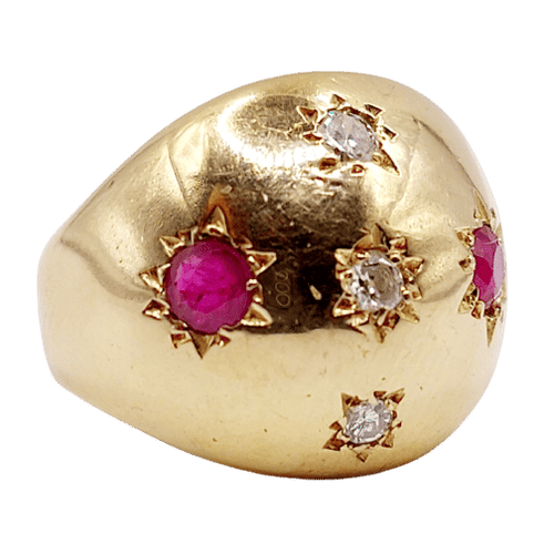 Bague dôme bombé or rose, diamants et rubis serti étoilé (circa 1950) 58 Facettes A06232