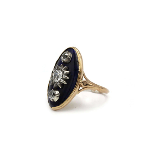 Bague 53.5 Bague or jaune 750 laque bleue et diamants tailles anciennes 58 Facettes 1221