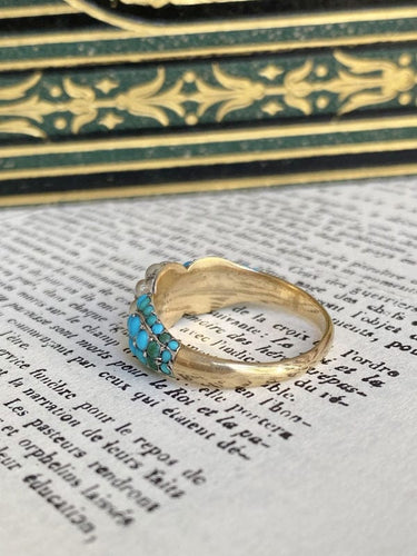 Bague 58 Bague fleur ancienne or jaune, perles, turquoises 58 Facettes