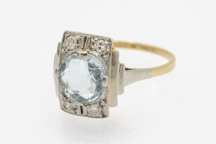Bague Bague Art Deco avec aigue-marine et diamants en platine et or jaune 58 Facettes 11591