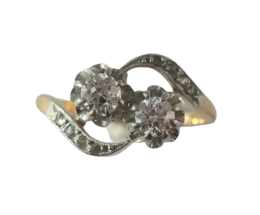 Bague 51.5 Bague Toi et Moi ancienne en or jaune 18k et platine, diamants 58 Facettes