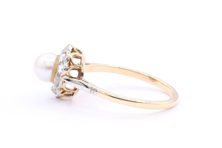 Bague 50 Bague Art Déco en or jaune et blanc sertie d'une perle et de diamants 58 Facettes 21411