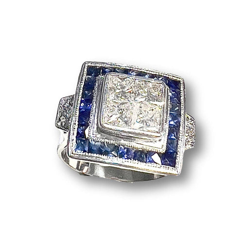Bague SORTIJA ESTILO ART DECO de PLATINO Y ORO con DIAMANTES y ZAFIROS 58 Facettes Q600A