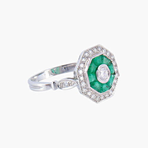 Styl pierścienia Art Deco Diamenty Szmaragdy