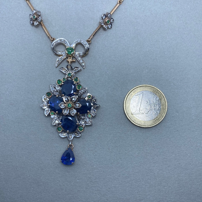 Yellow gold necklace silver diamonds sapphires emeralds