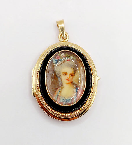 Pendentif Pendentif porte photo antique or rose 18k miniature demoiselle et onyx (circa 1900) 58 Facettes A05940