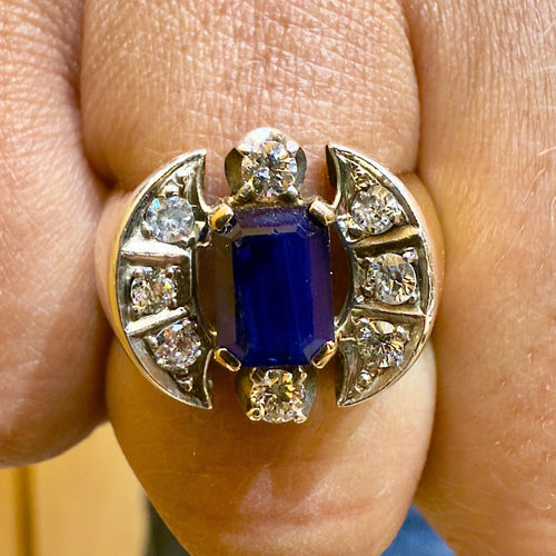 Bague 58 Bague ancienne en or et argent , saphir de Siam et diamants 58 Facettes