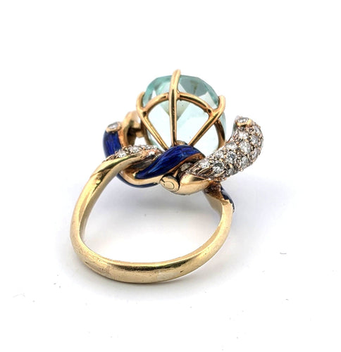 Bague 50 Bague vintage des années 1940/50 en or jaune massif, ornée d'aigue-marine, de diamants et d'émail. 58 Facettes