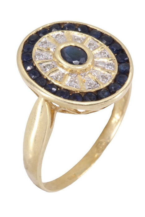 Modern yellow gold ring with sapphires and diamonds